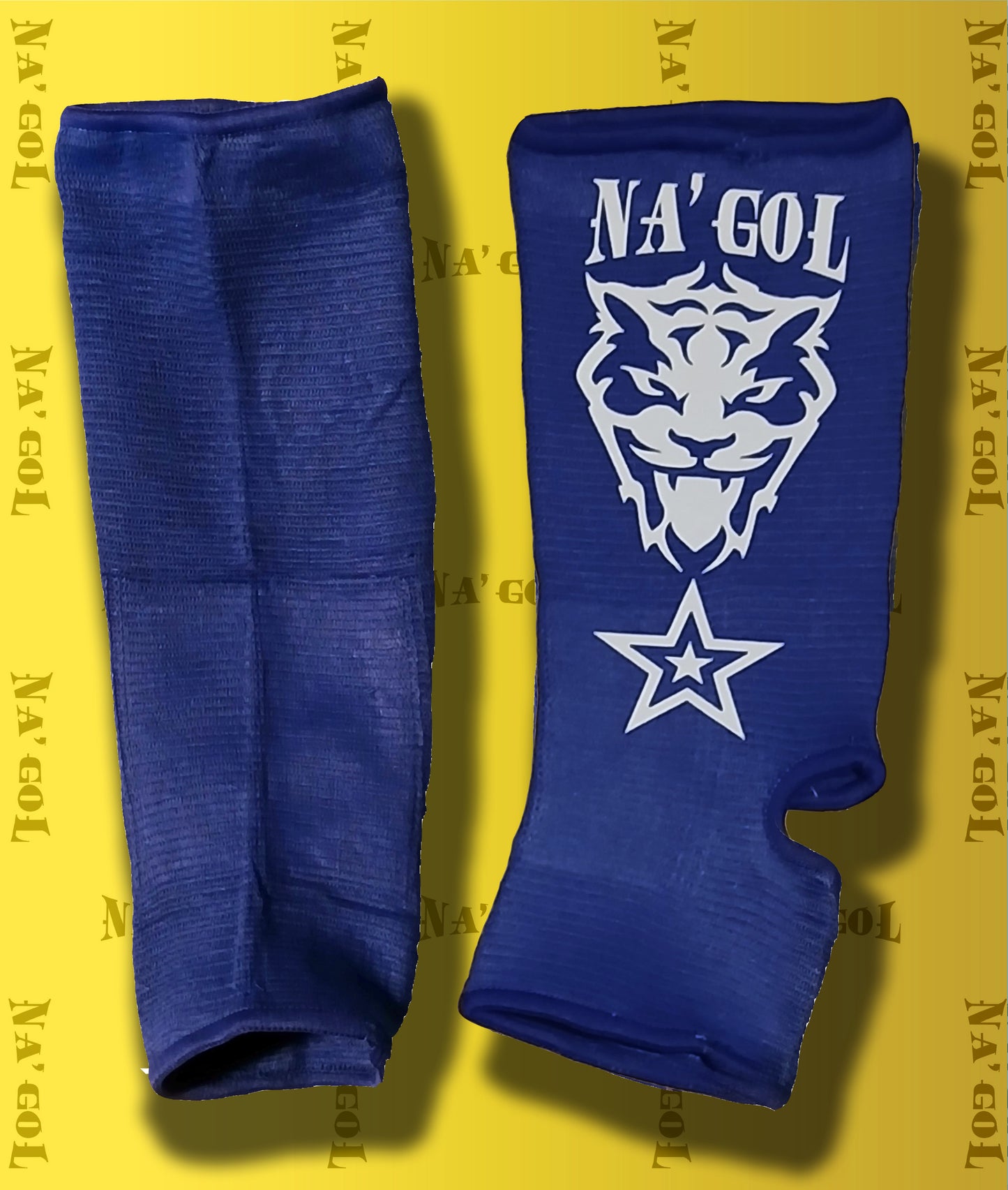 Blue ankle guards with a logo on a yellow background