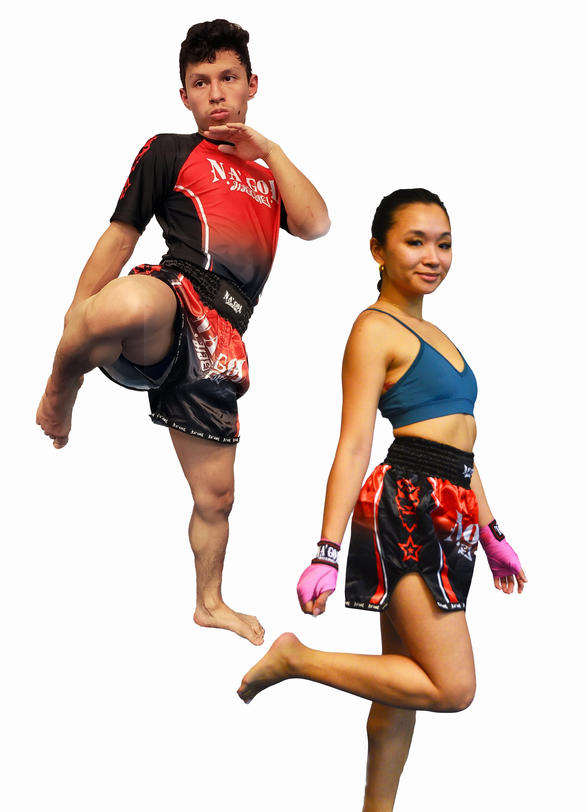 Two individuals in martial arts gear posing against a white background