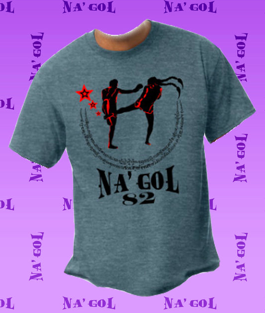 A gray t-shirt with a graphic print of two warriors and the text 'NA'GOL 82' on the front.