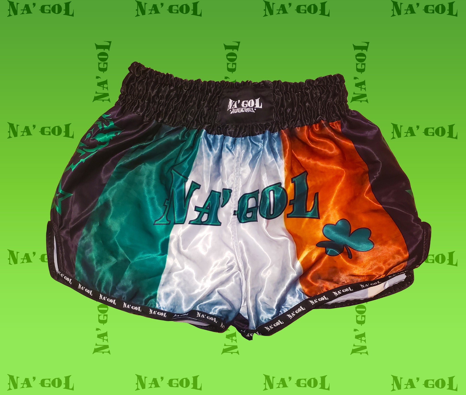 Irish flag on satin Na'Gol shorts for Muay Thai ,and Kickboxing.