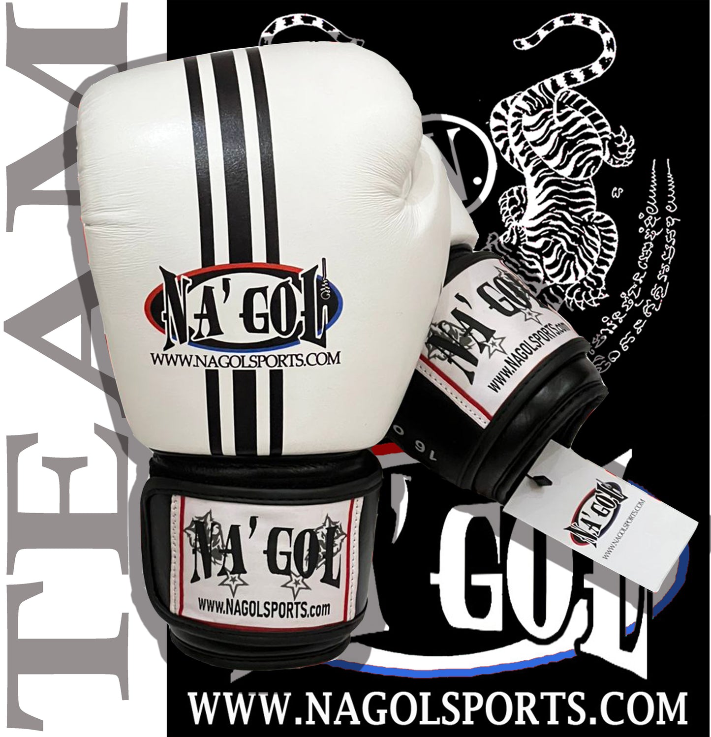 White boxing glove with black accents and Nagol Sports branding on a black background.