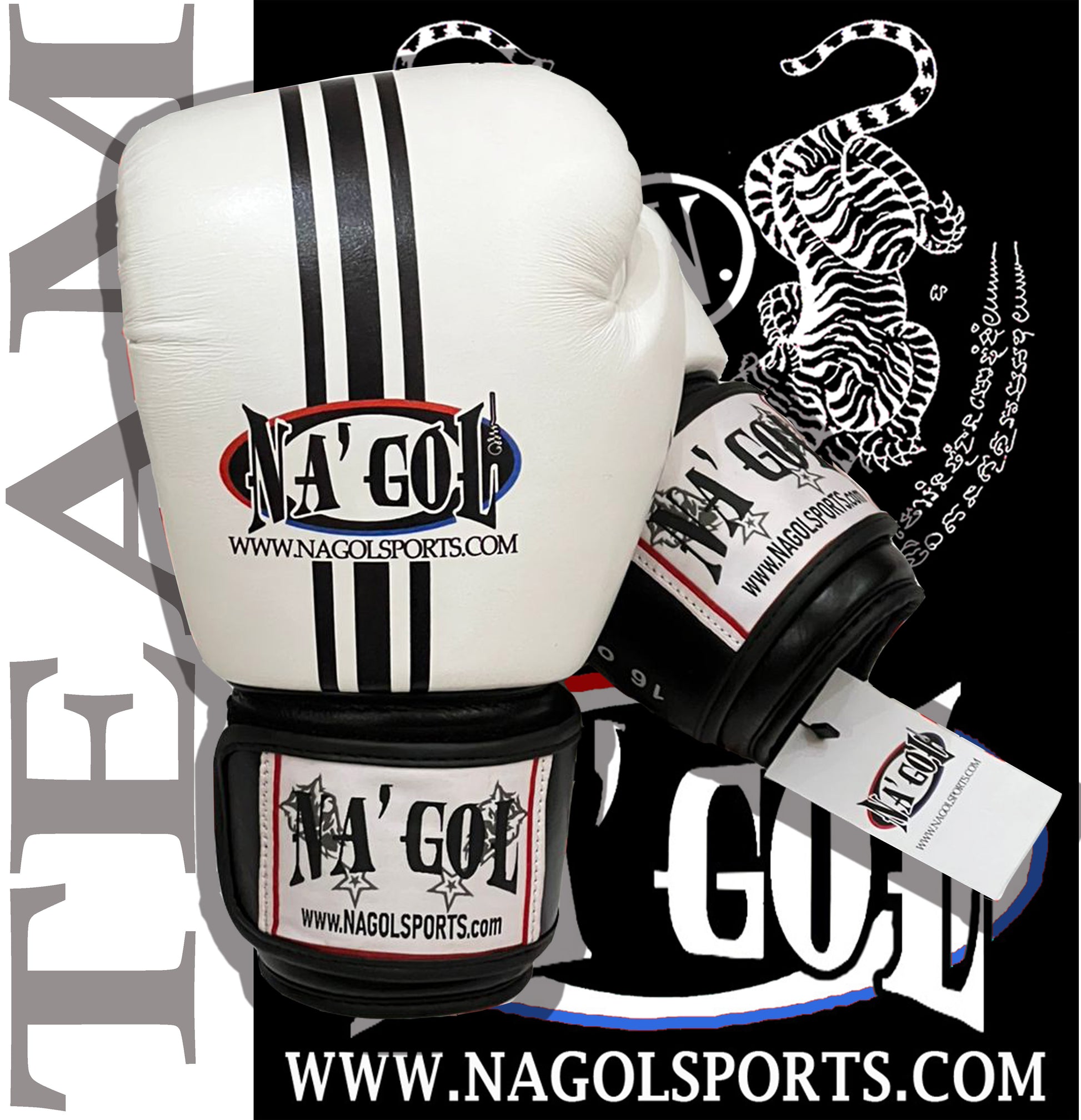 White boxing glove with black accents and Nagol Sports branding on a black background.