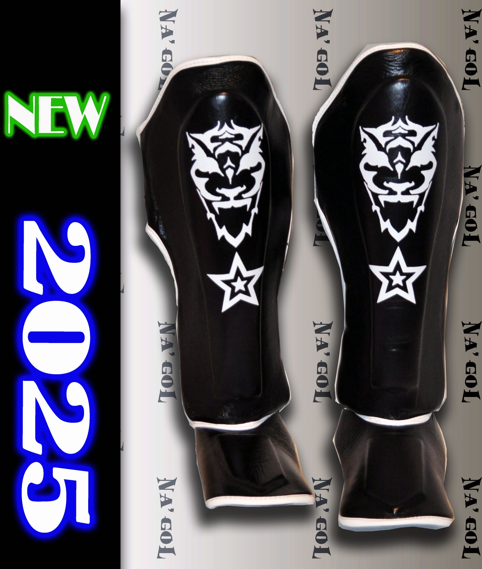 A pair of black shin guards with a white graphic design, intended for use in kickboxing and martial arts.