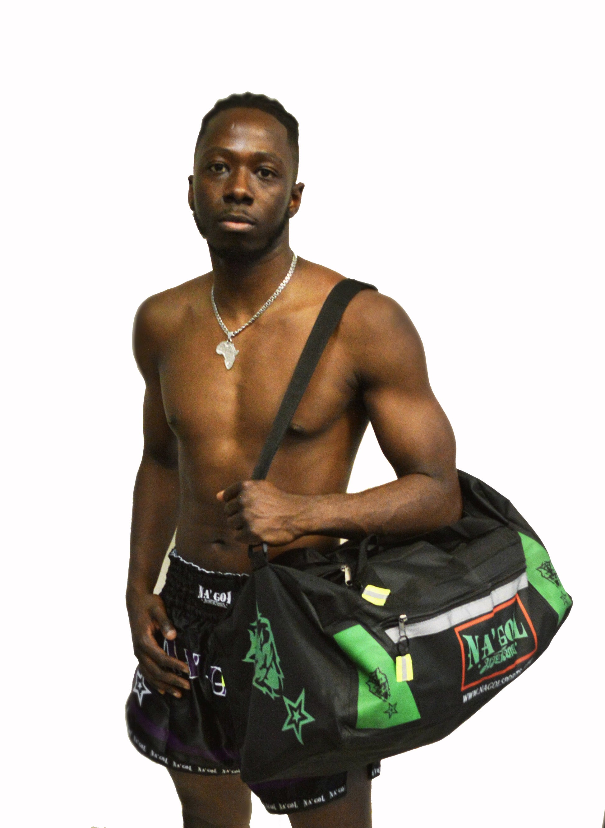 Man holding a black duffel bag with green accents on a white background
