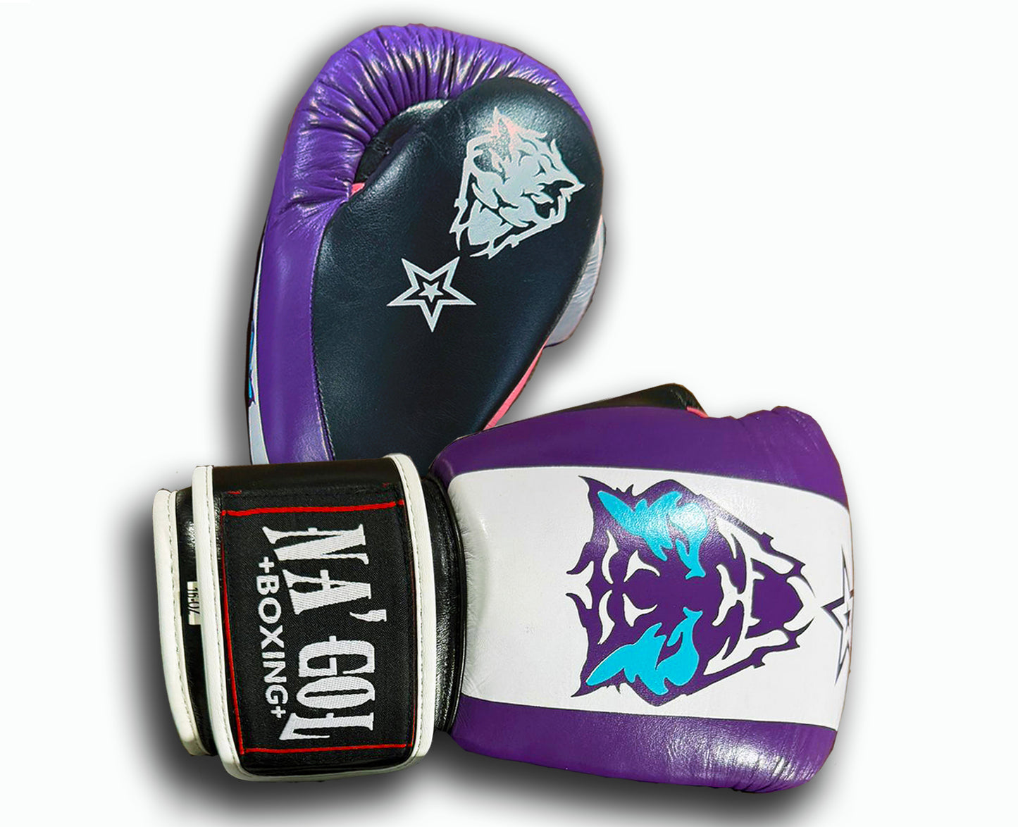 Pair of boxing gloves with a brand logo on a white background