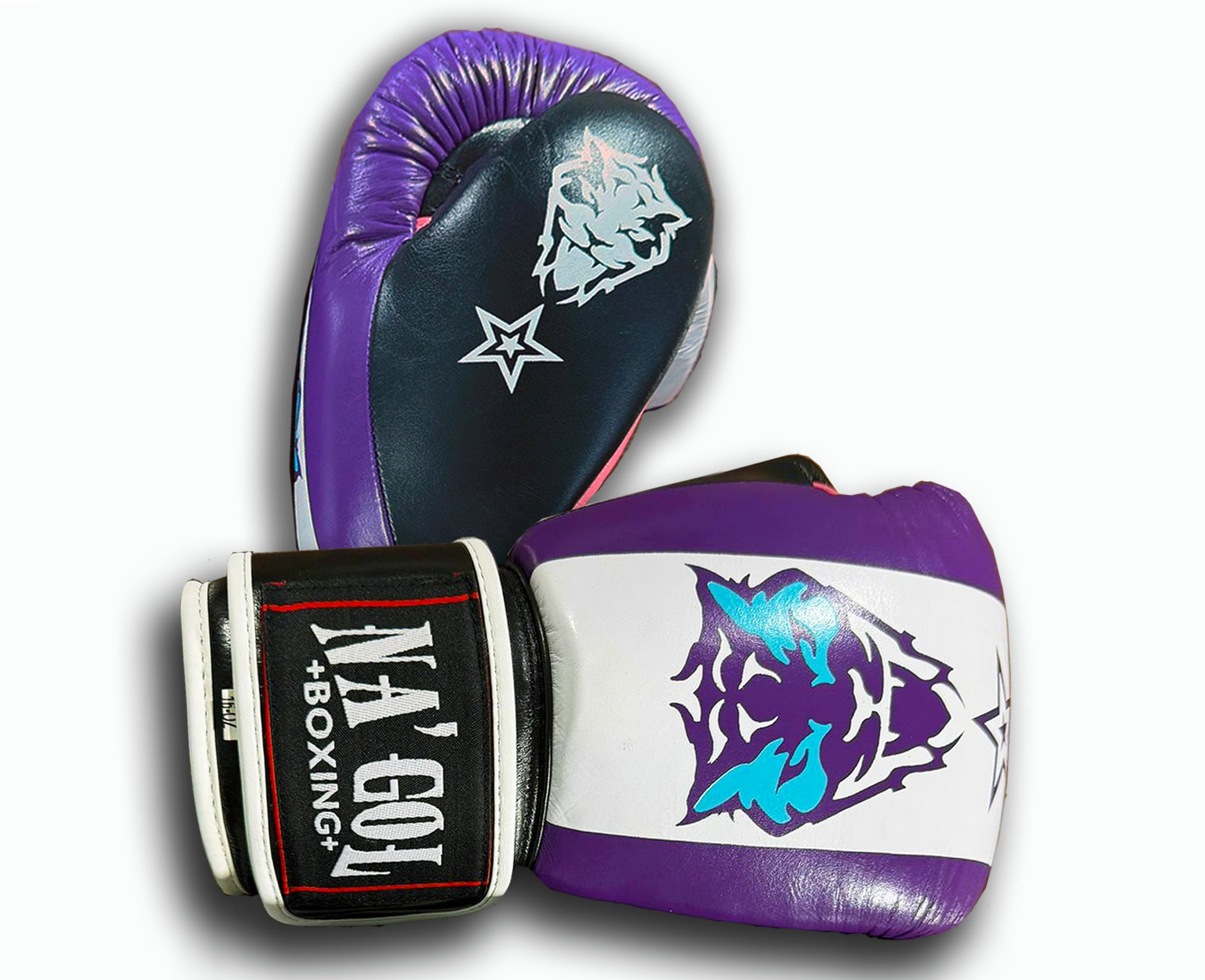 Pair of boxing gloves with a brand logo on a white background