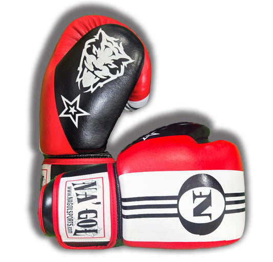 Red, black, and white boxing gloves with logos on a white background