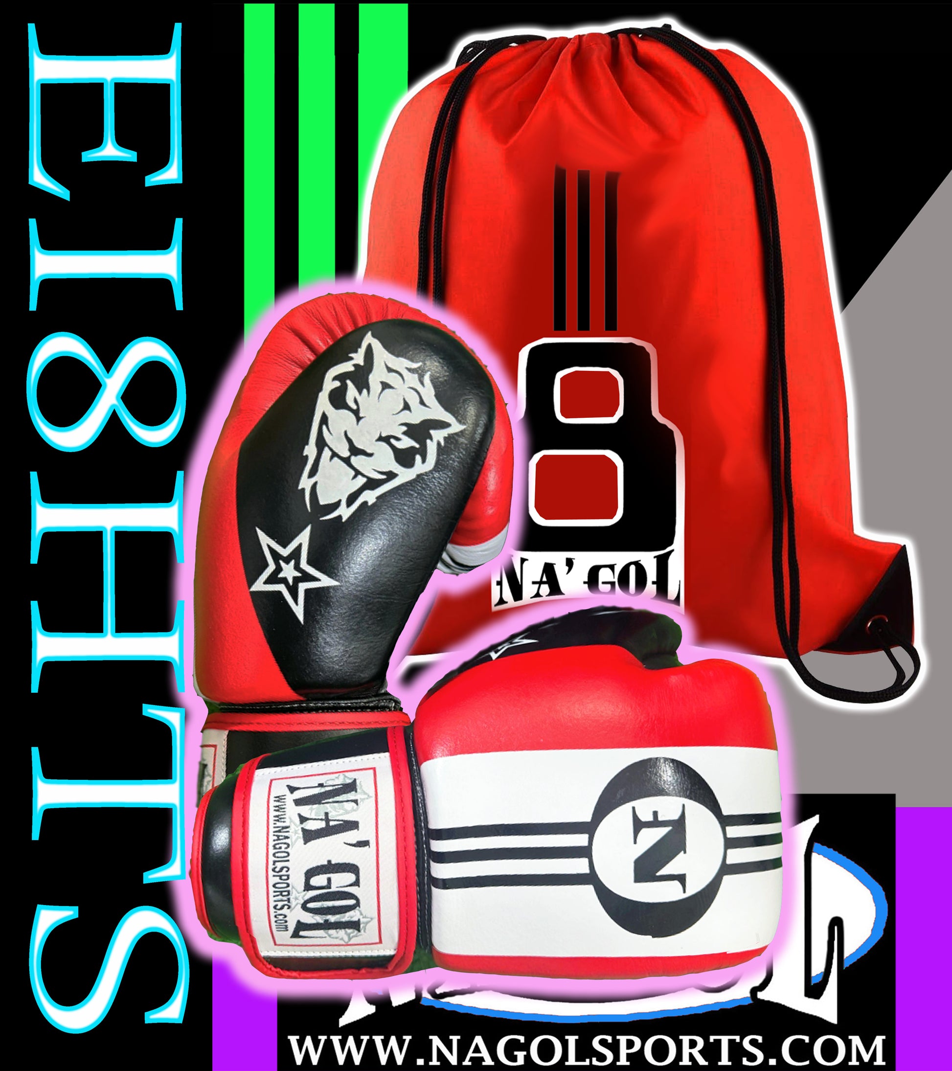 Red and black boxing gloves with a drawstring bag on a colorful background, featuring the brand 'Nagol'.