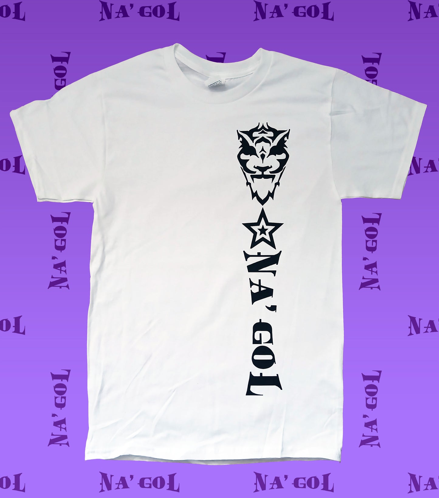 White crew neck t-shirt with black text and graphic print on the front left side, displayed against a purple background with multiple occurrences of the brand name 'Na'Gol'.