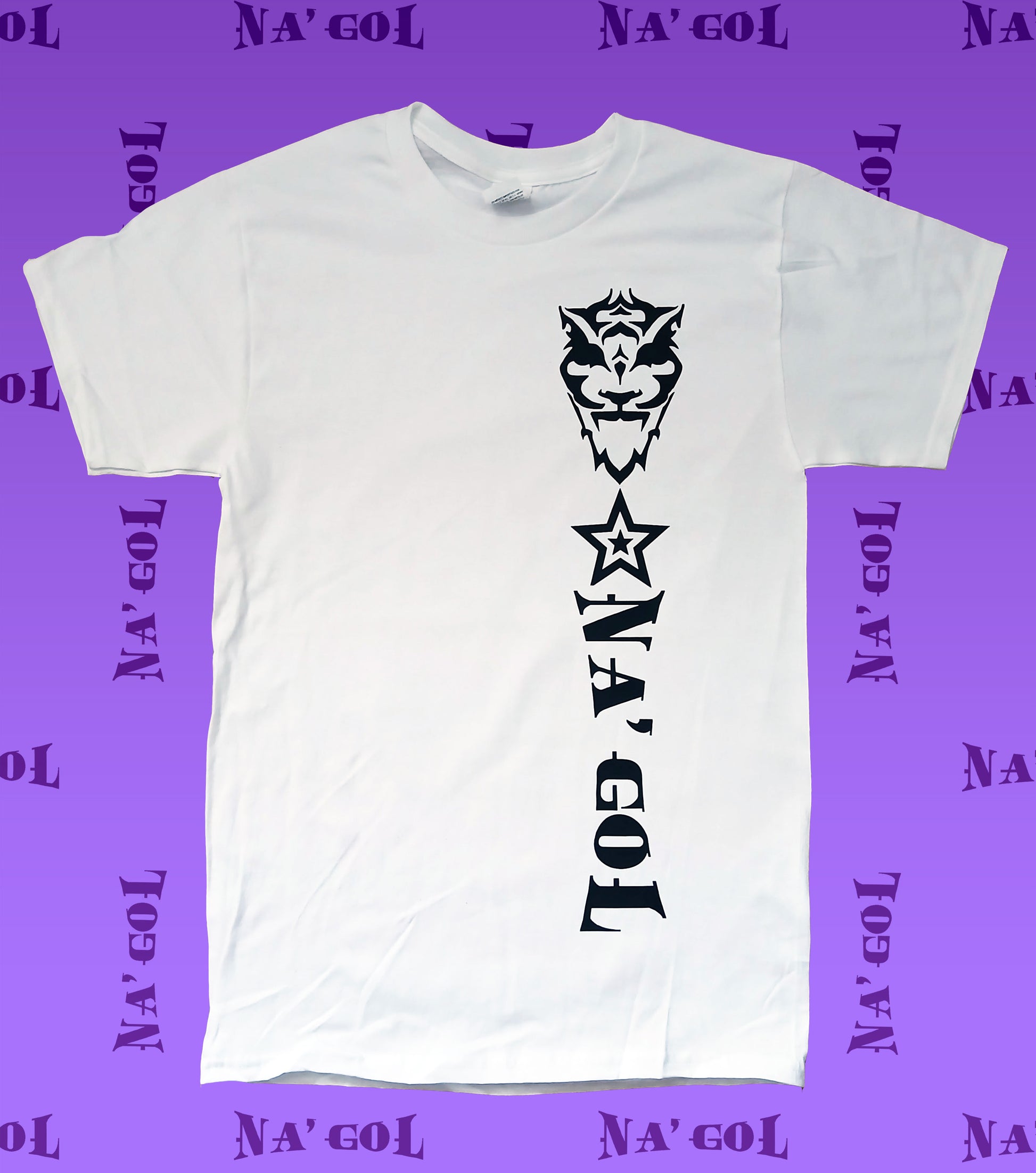 White crew neck t-shirt with black text and graphic print on the front left side, displayed against a purple background with multiple occurrences of the brand name 'Na'Gol'.