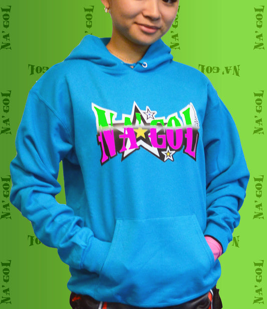 Person wearing a blue hoodie with colorful text design on a green background with 'NA'GOL' branding.n