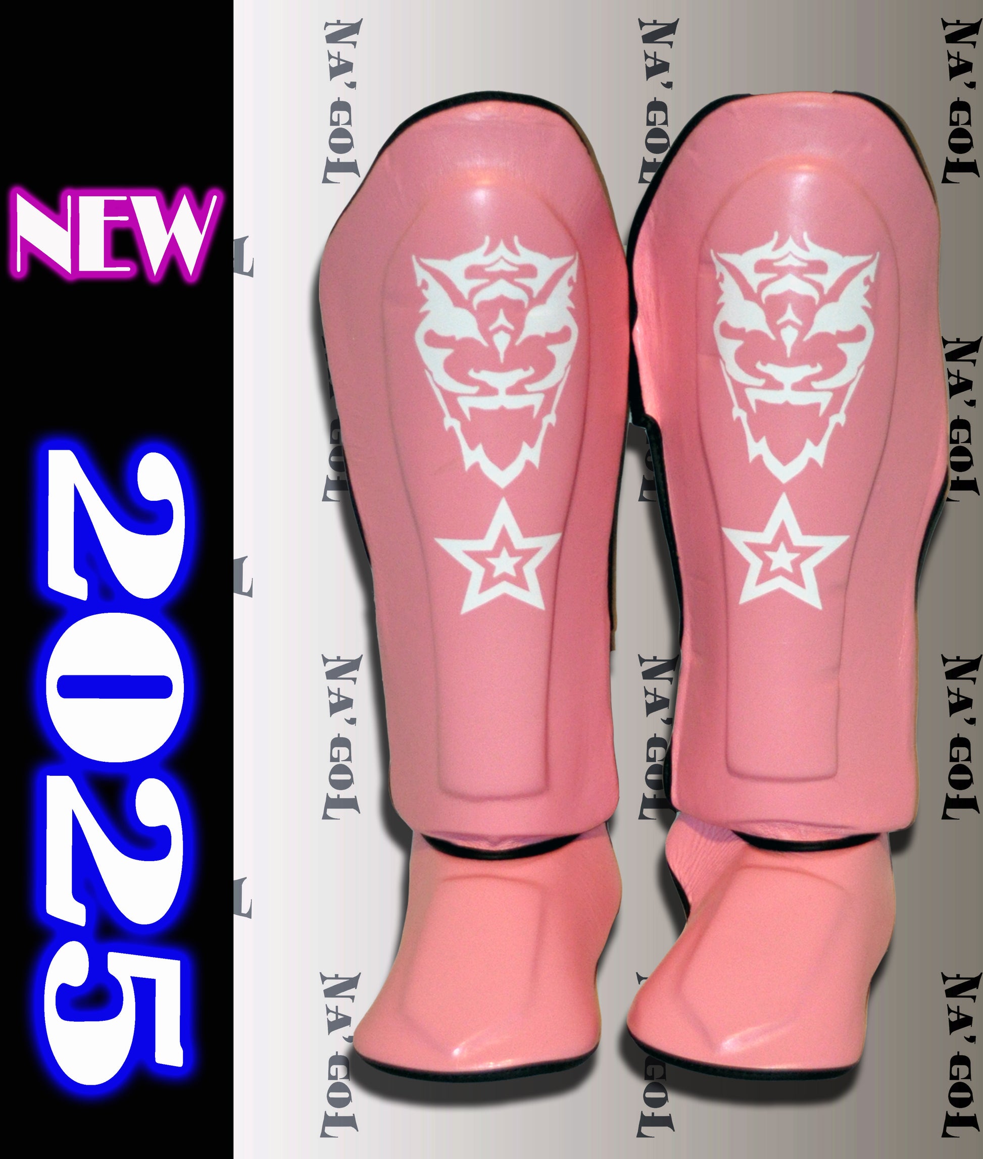 A pair of pink shin guards with a geometric pattern design, featuring a hook and loop closure, displayed vertically on a black background with the text 'NEW 2025' at the top.