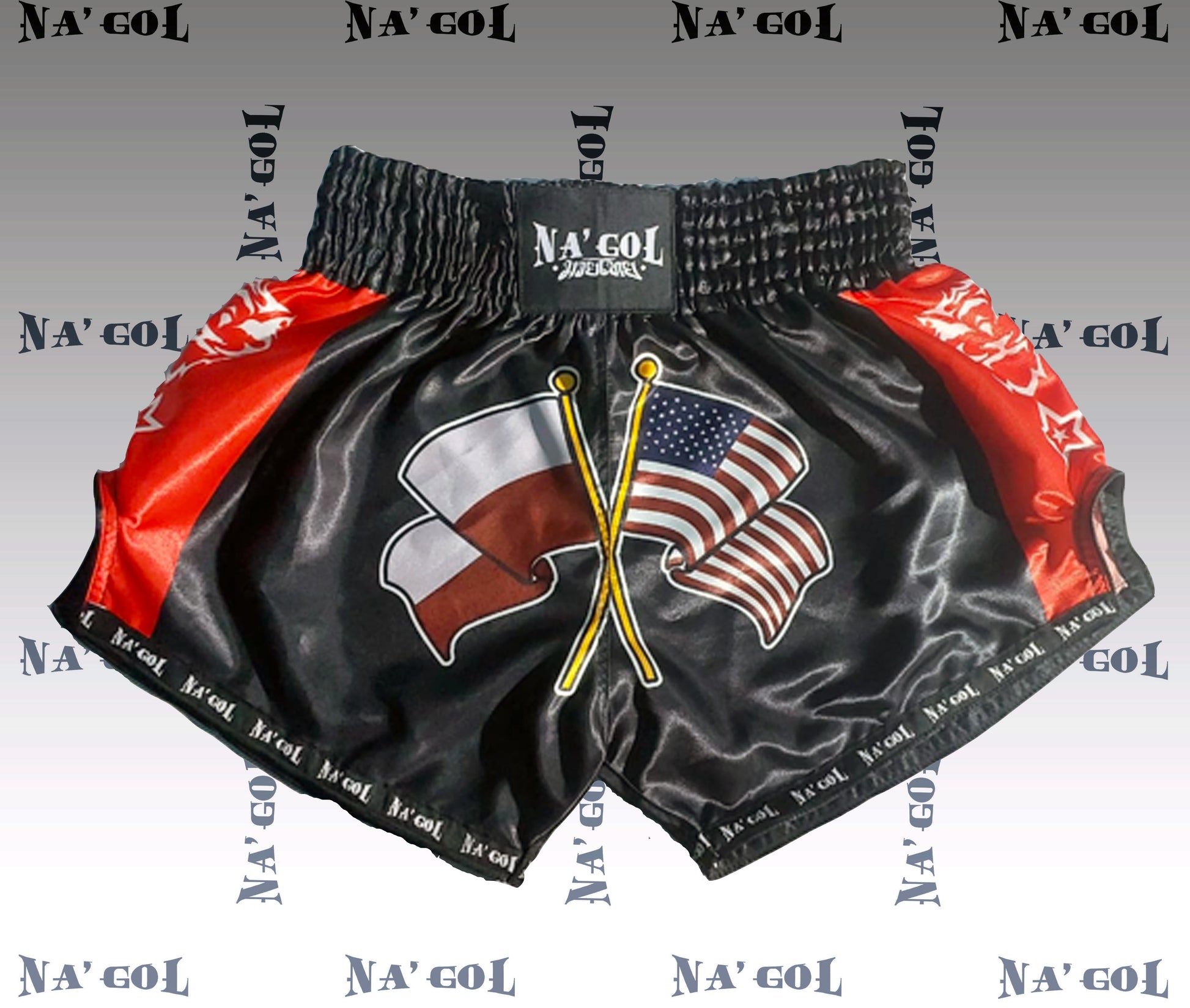 A pair of black kickboxing shorts featuring red and white stripes and the text 'NA'GOL with a flag design. The waistband displays the American flag.