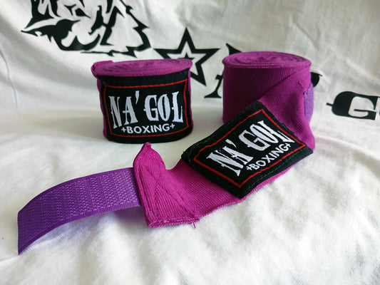 Purple boxing hand wraps with 'NA'GOL BOXING' branding on a white background