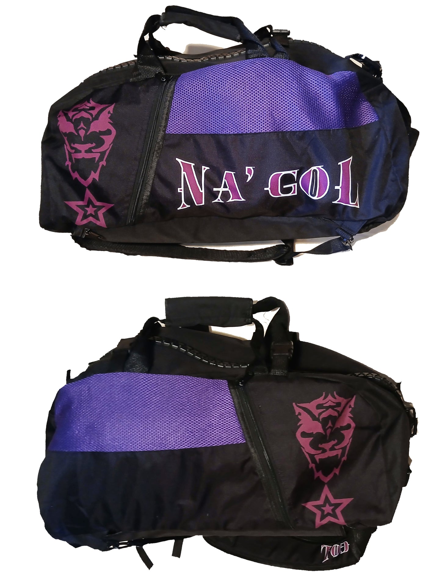 Black and purple duffel bag with 'Na'goi' branding on a white background