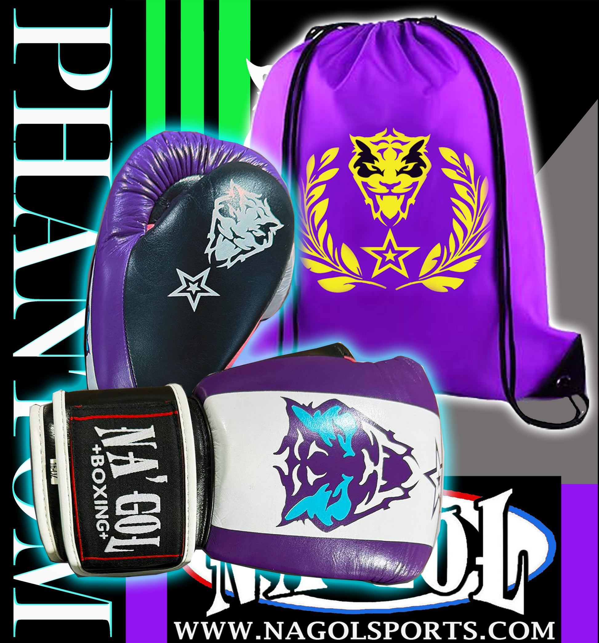 Pair of boxing gloves and a purple drawstring bag with a logo on a colorful background.