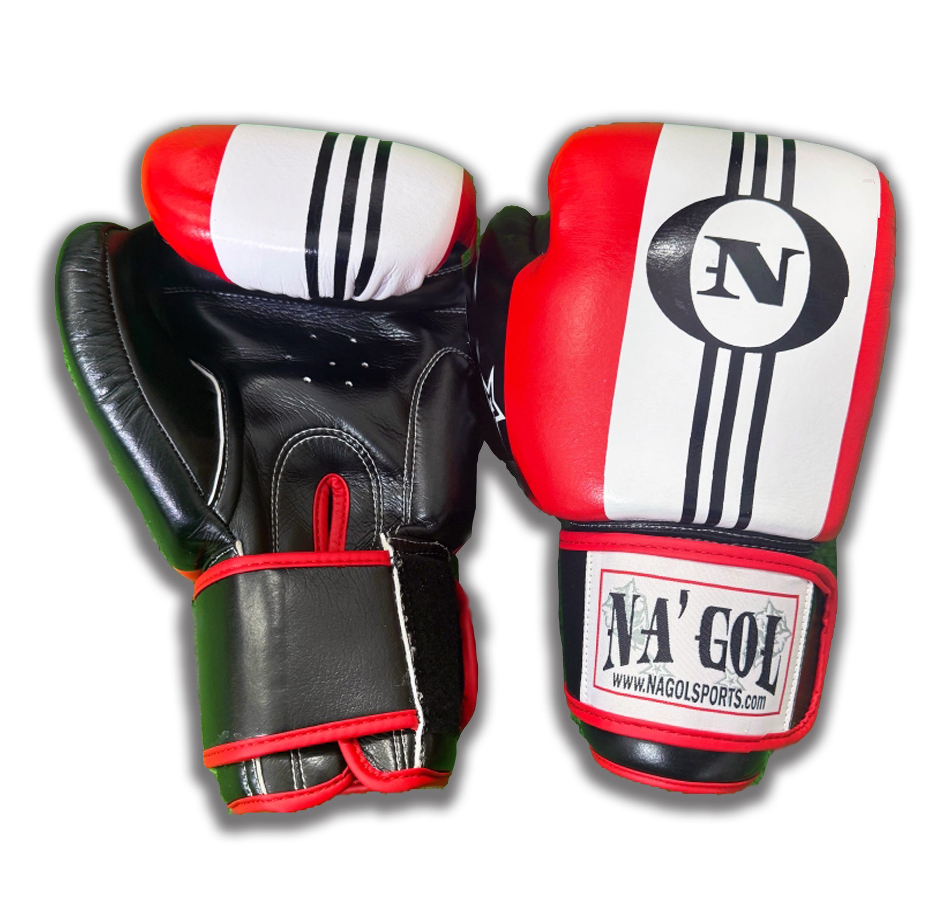 Pair of black, red, and white boxing gloves with a visible brand logo on a white background