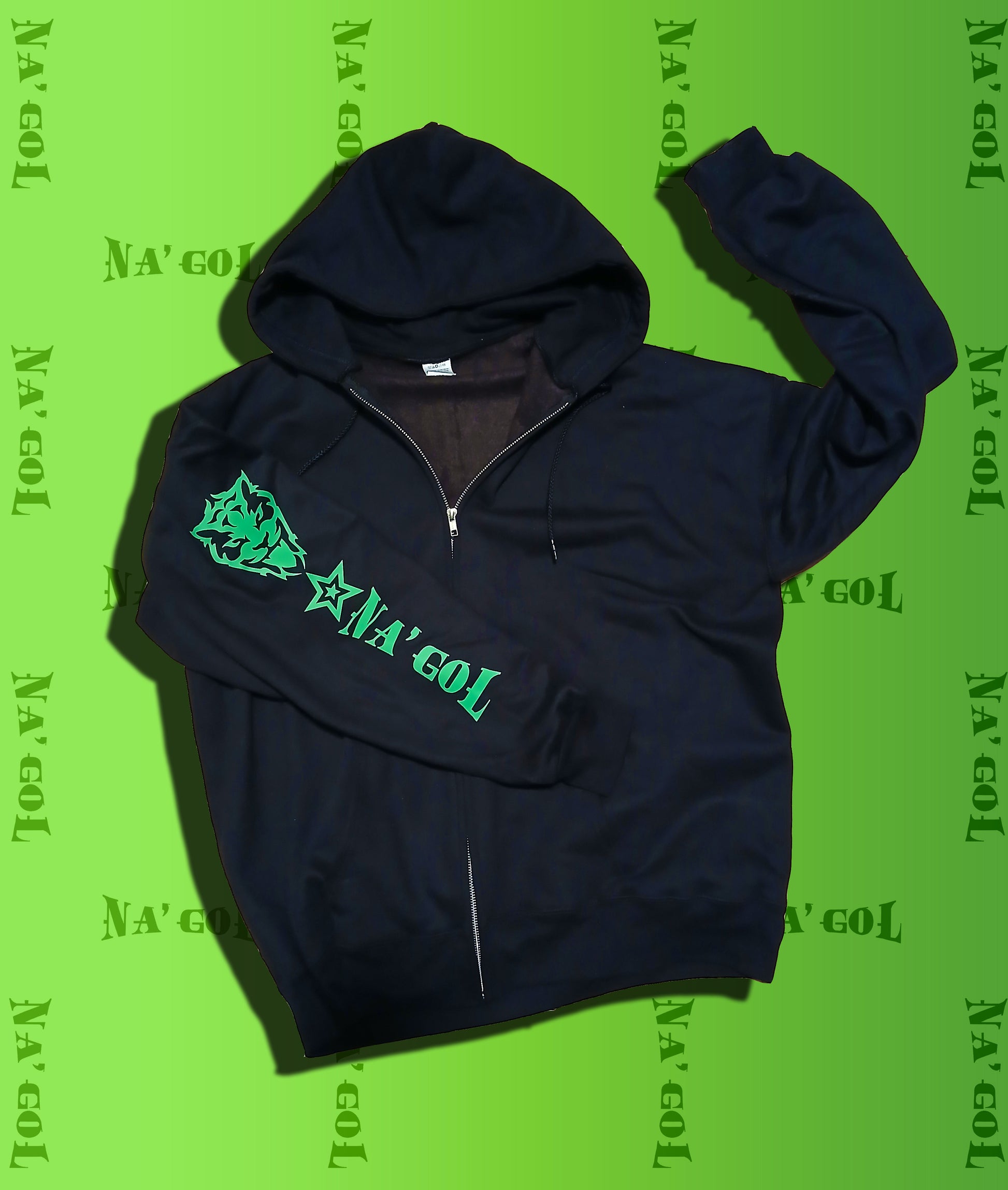 A black hoodie with a green star tiger 'Na'Gol' design on the right arm and a red boxed Na'gol logo on the back. The hoodie features a drawstring hood and a metal zipper.