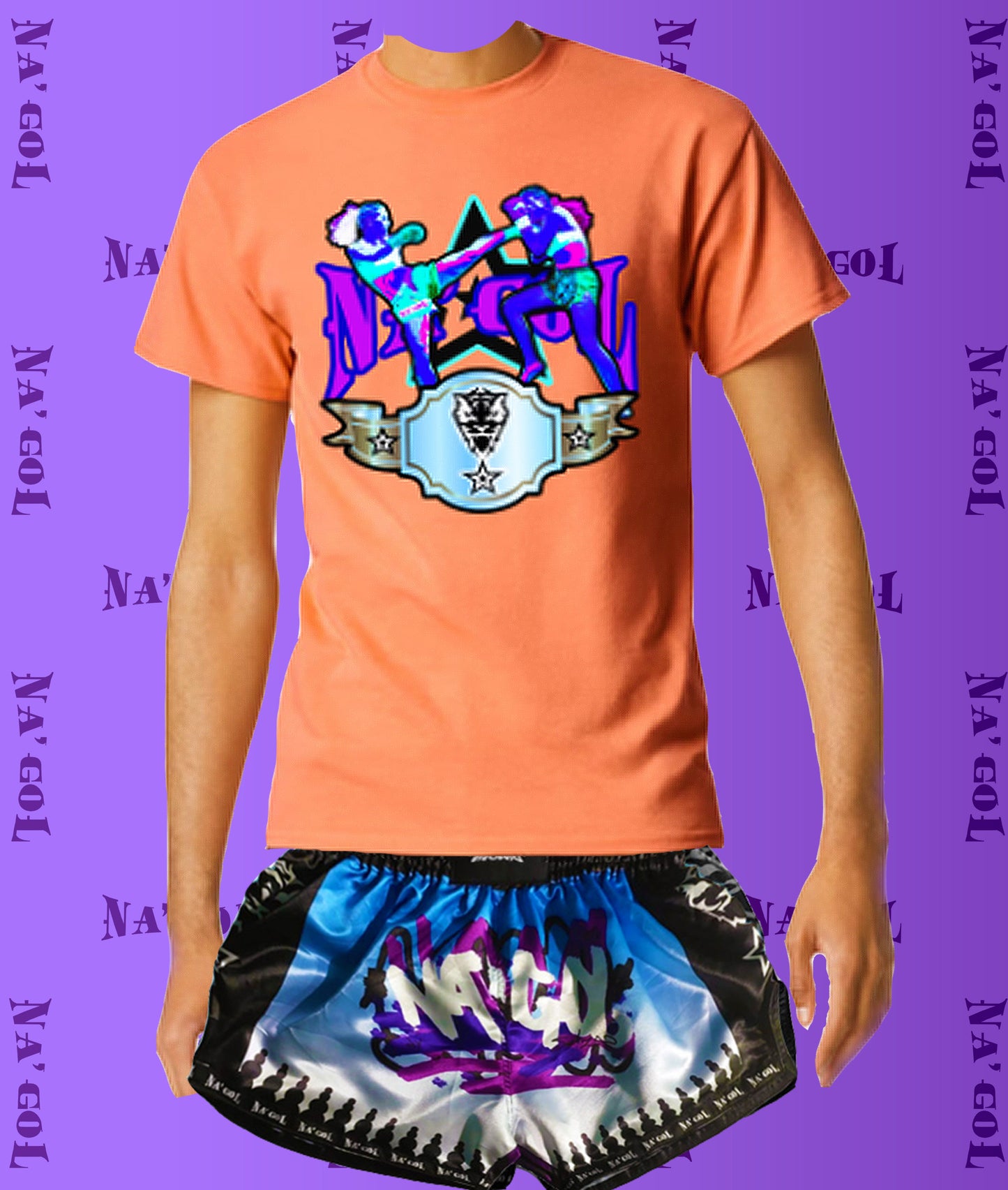 An orange t-shirt with a graphic print of two female fighters in a combat sports setting, paired with black and blue shorts with a similar design.