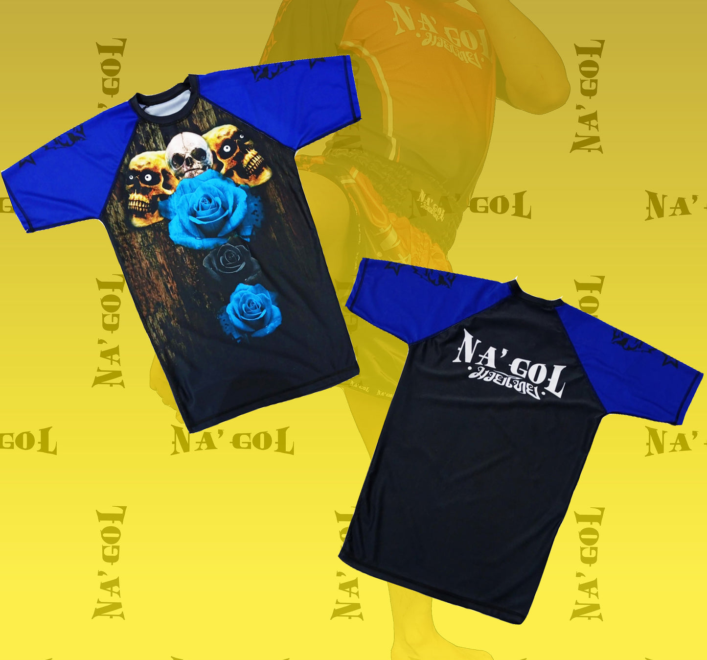 Tri Skull and Roses on the front and Na'gol Muay Thai on the back.  Rashguard