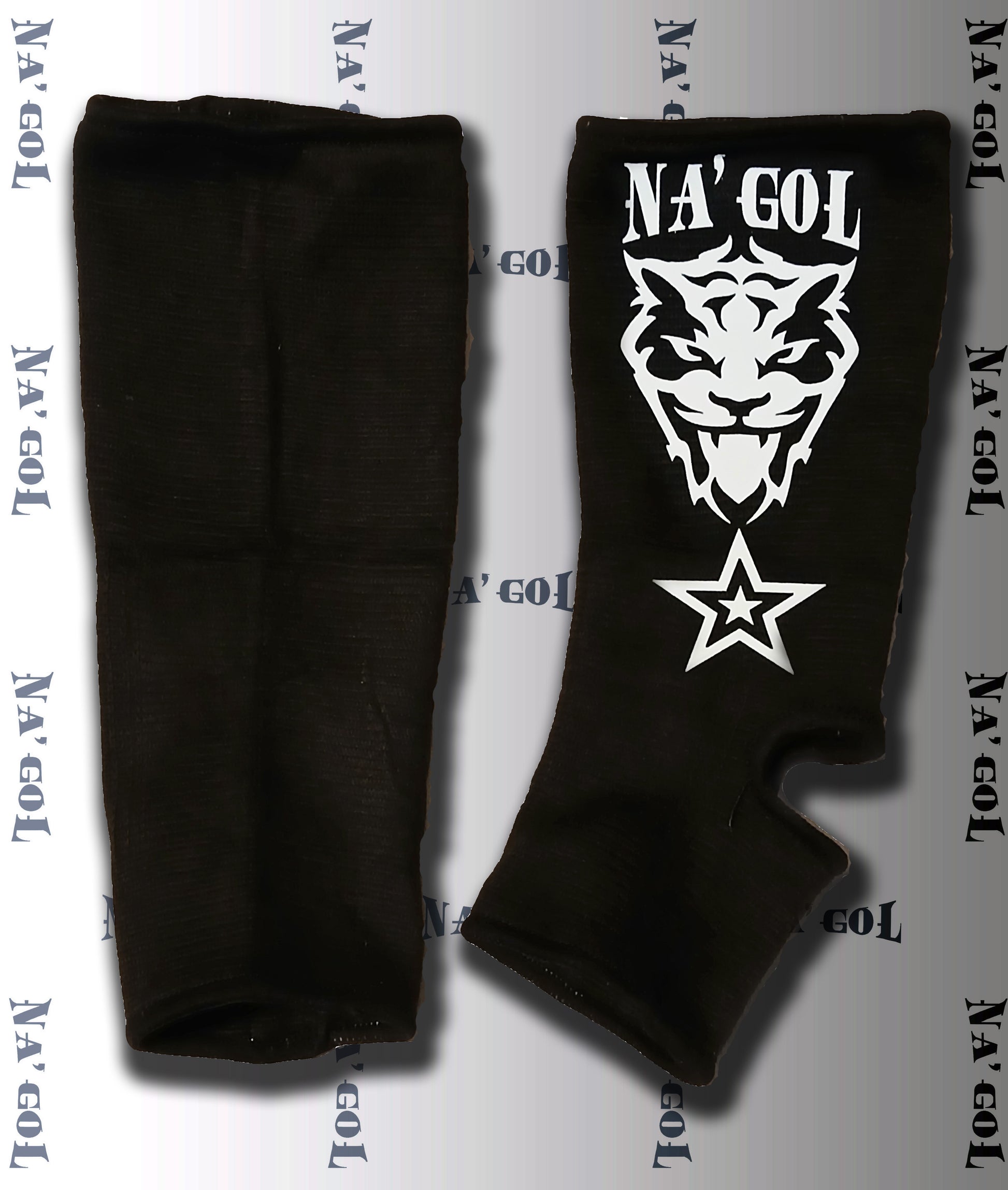 Black ankle guards with a white logo on a white background