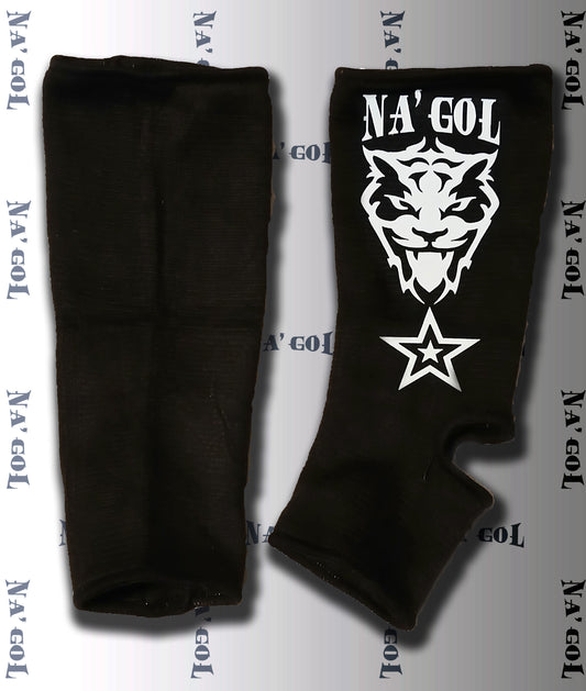 Black ankle guards with a white logo on a white background