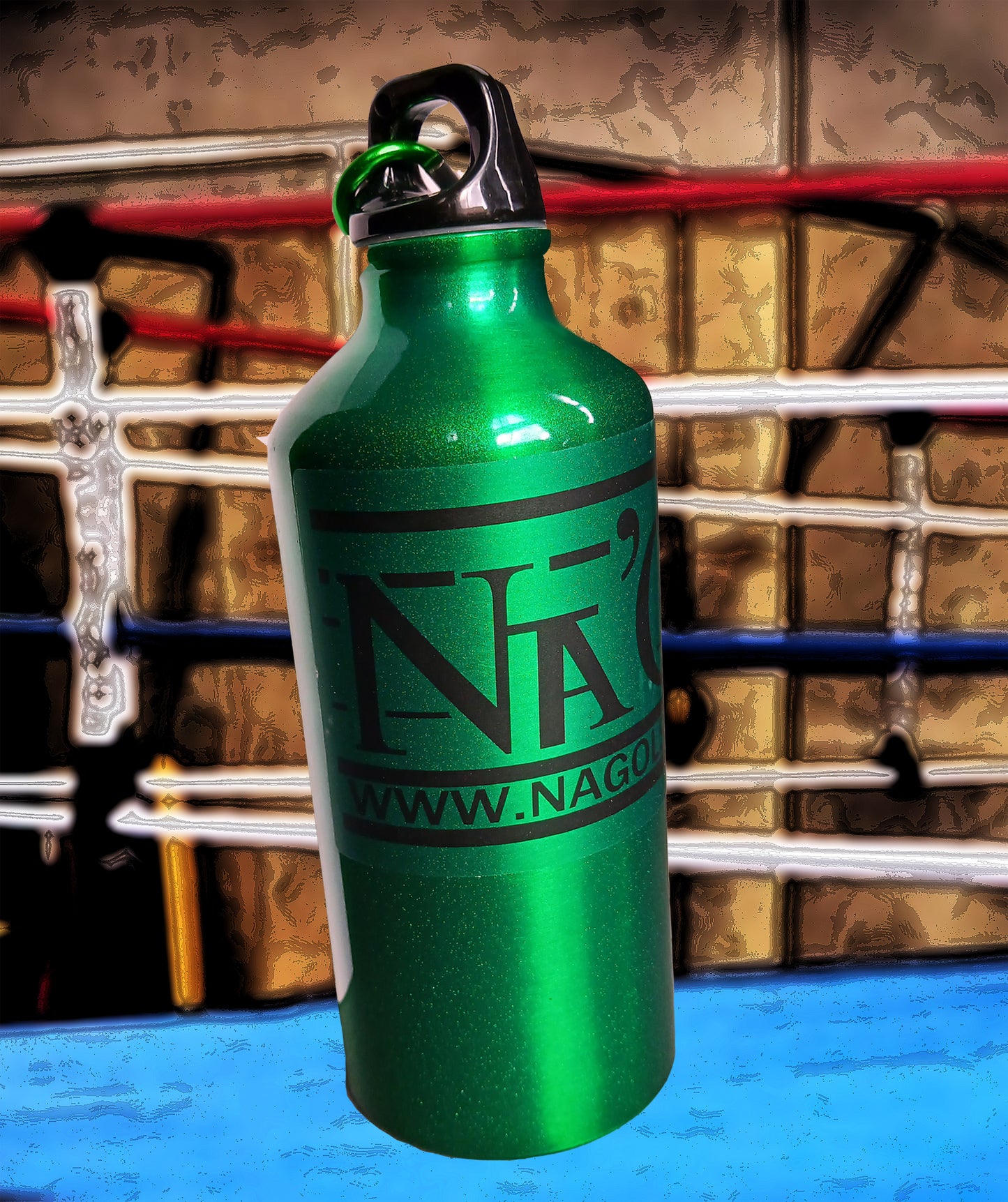 Green water bottle with black logo and text on a boxing ring background
