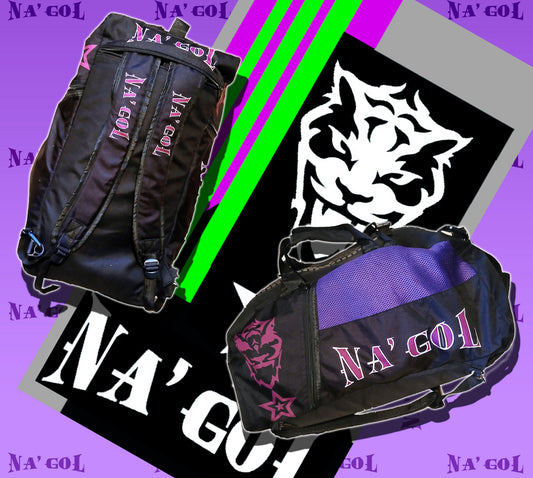 Black bags with 'NA'GOL' branding on a purple and black background with a wolf logo.