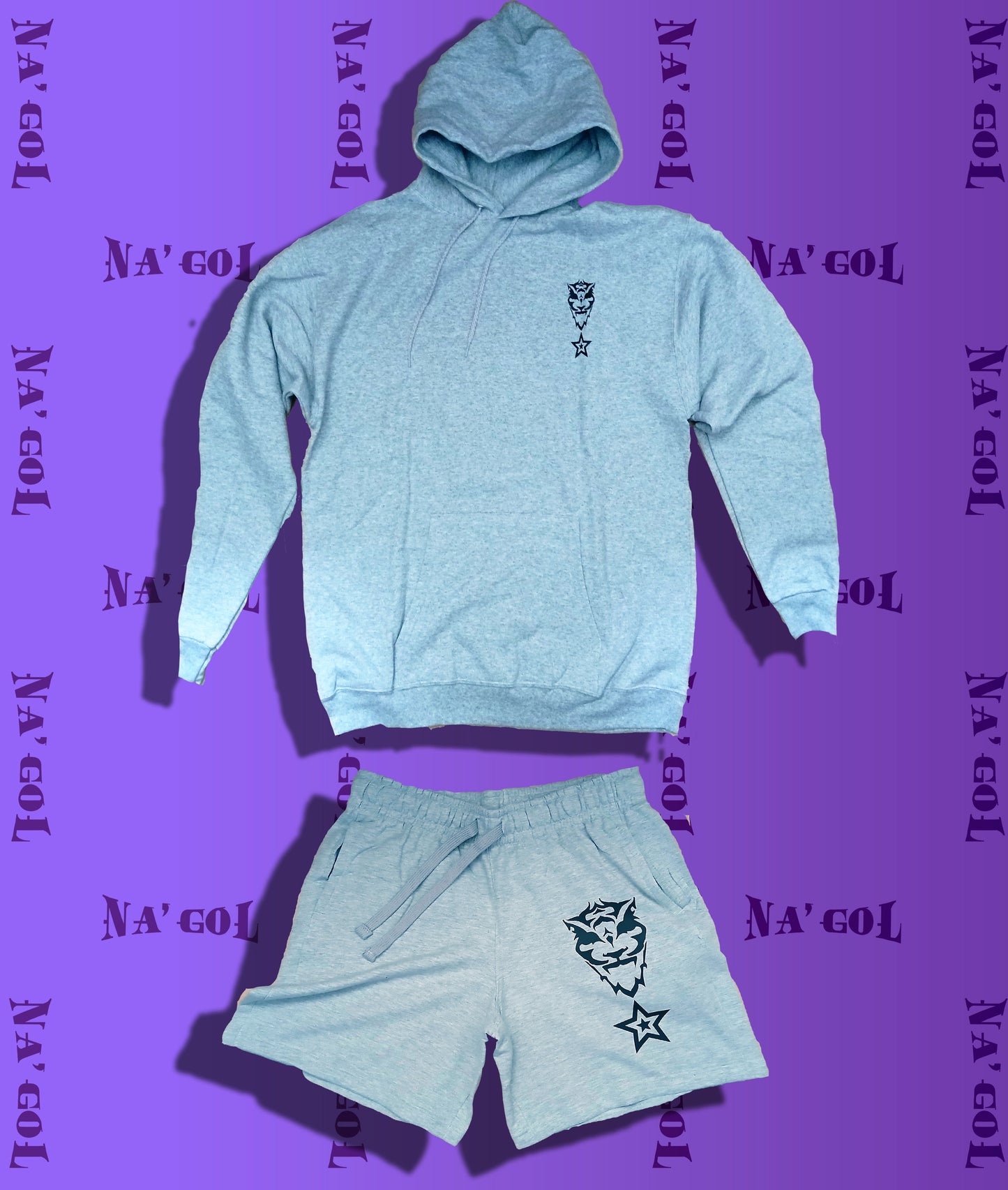 A sweat suit with a hoodie and matching shorts, featuring a grey color with a star and tiger pattern, and the brand name 'Na'Gol' printed across.