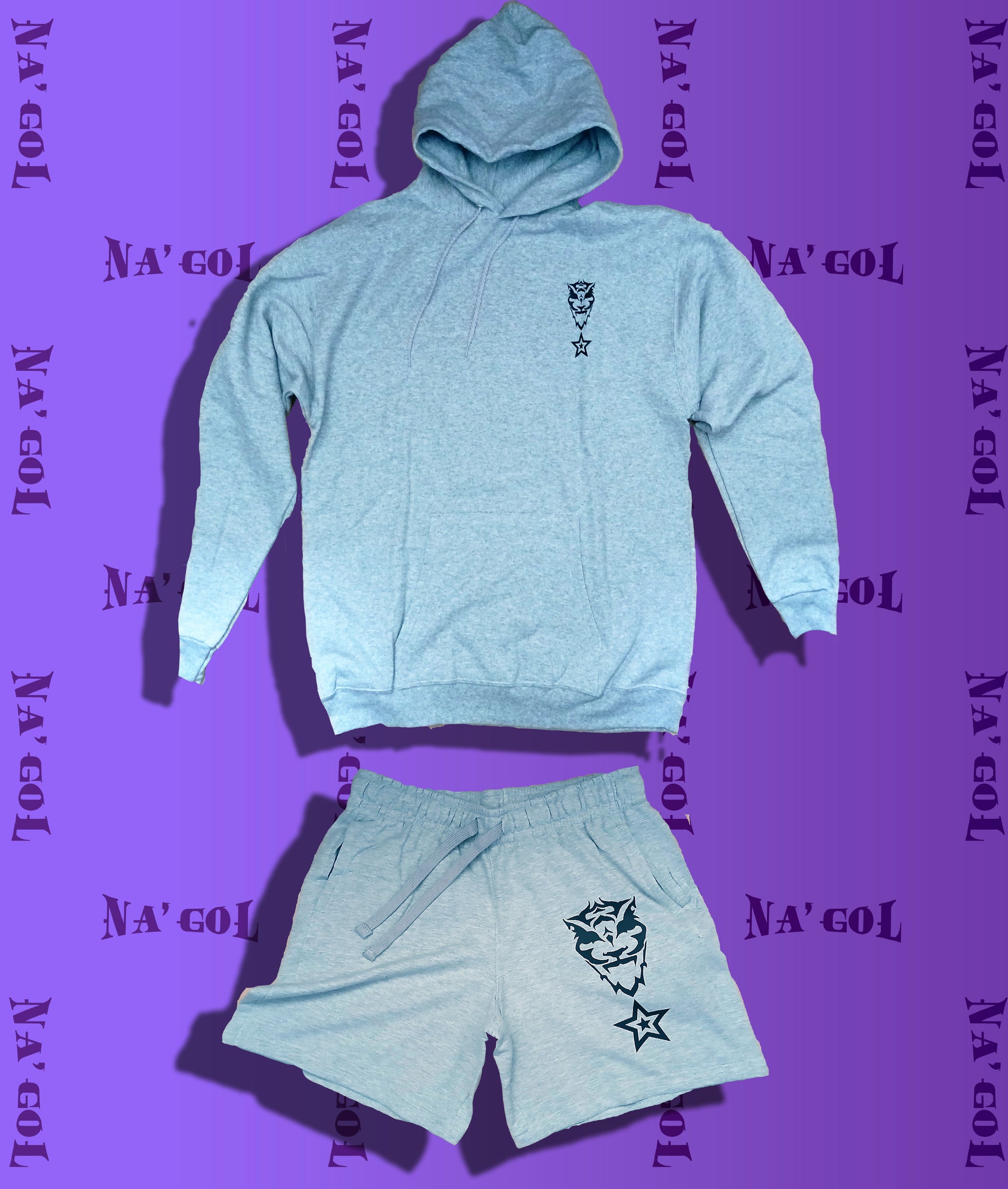 A sweat suit with a hoodie and matching shorts, featuring a grey color with a star and tiger pattern, and the brand name 'Na'Gol' printed across.