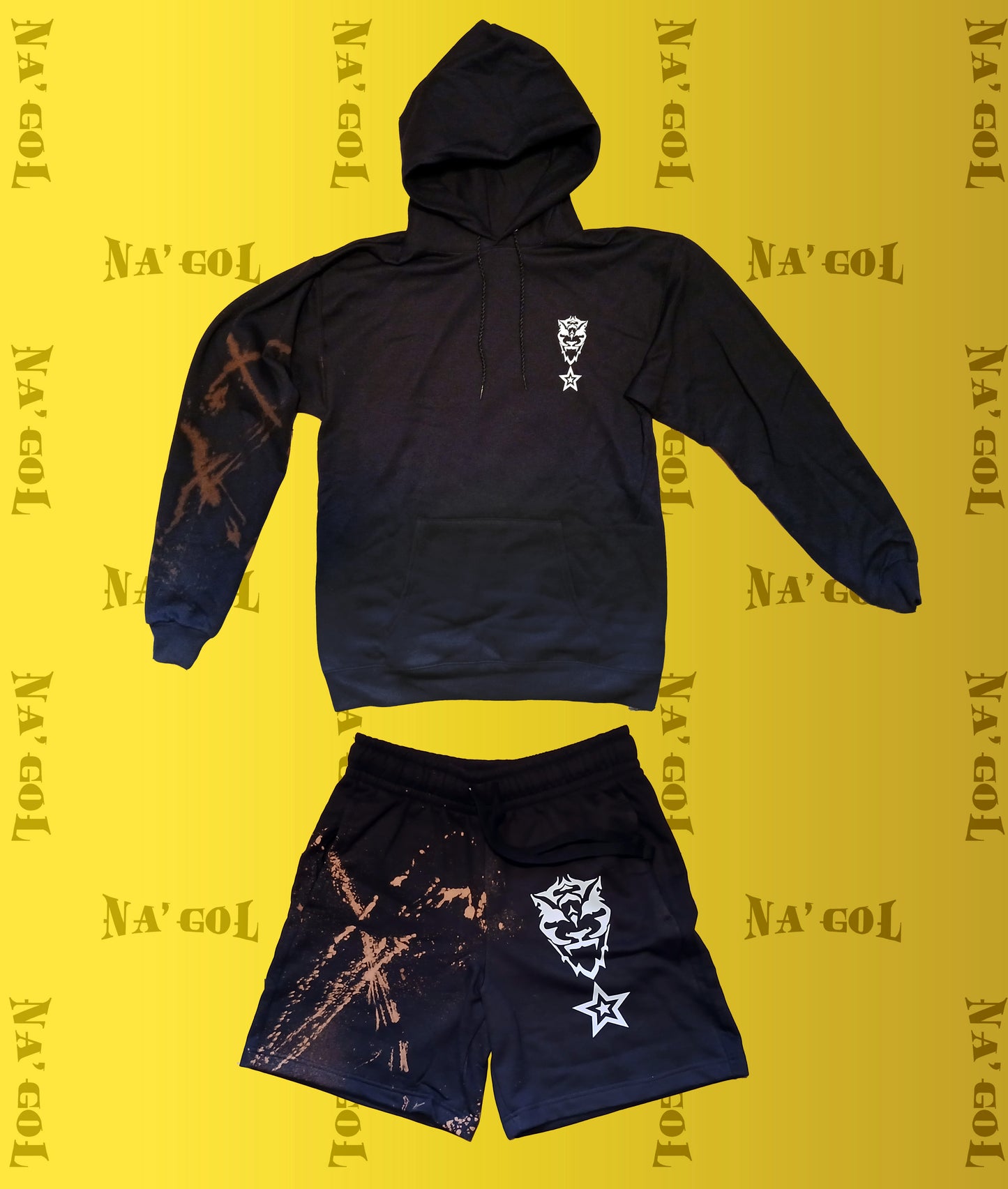 A black sweat suit with a hood and shorts, featuring a white Na'Gol star tiger design on the left front and splatter art on the right arm. The back has a Na'Gol's altered state boxing gloves design.
