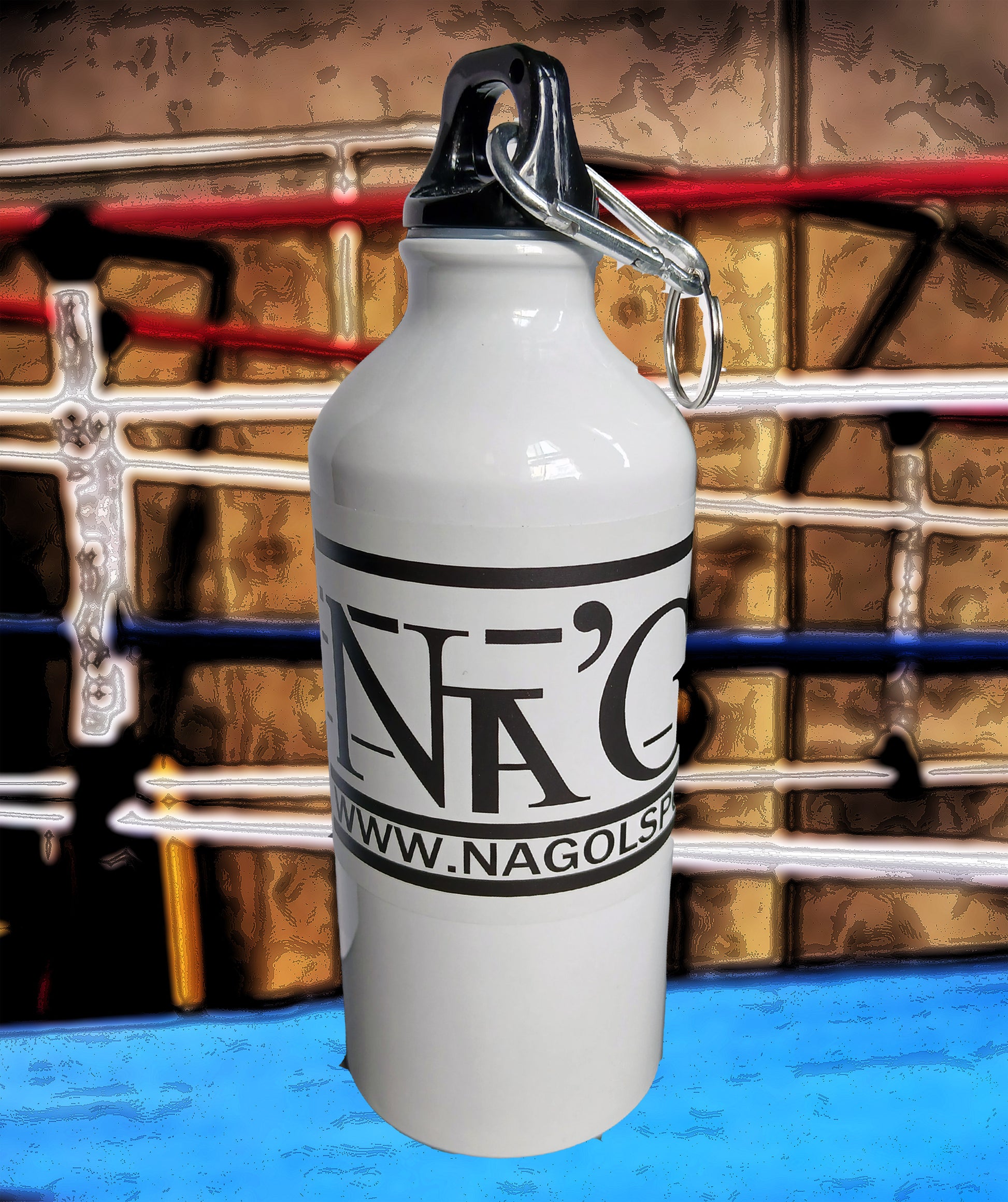 White water bottle with black logo and text on a boxing ring background